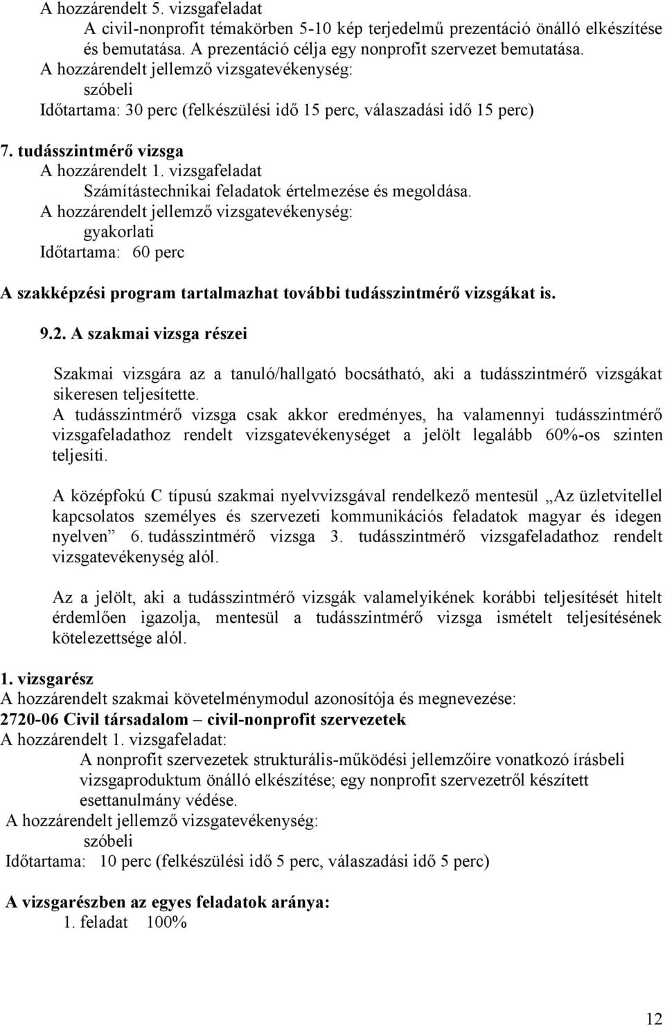 gyakorlati Időtartama: 60 perc A szakképzési program tartalmazhat további tudásszintmérő vizsgákat is. 9.2.