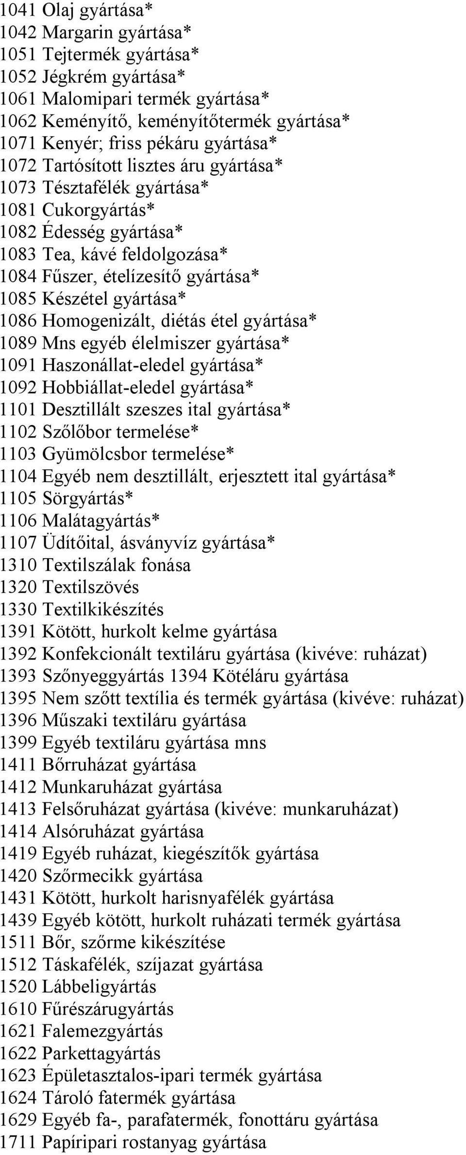 gyártása* 1086 Homogenizált, diétás étel gyártása* 1089 Mns egyéb élelmiszer gyártása* 1091 Haszonállat-eledel gyártása* 1092 Hobbiállat-eledel gyártása* 1101 Desztillált szeszes ital gyártása* 1102