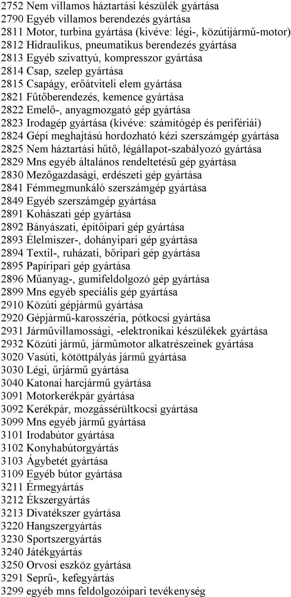 2823 Irodagép gyártása (kivéve: számítógép és perifériái) 2824 Gépi meghajtású hordozható kézi szerszámgép gyártása 2825 Nem háztartási hűtő, légállapot-szabályozó gyártása 2829 Mns egyéb általános