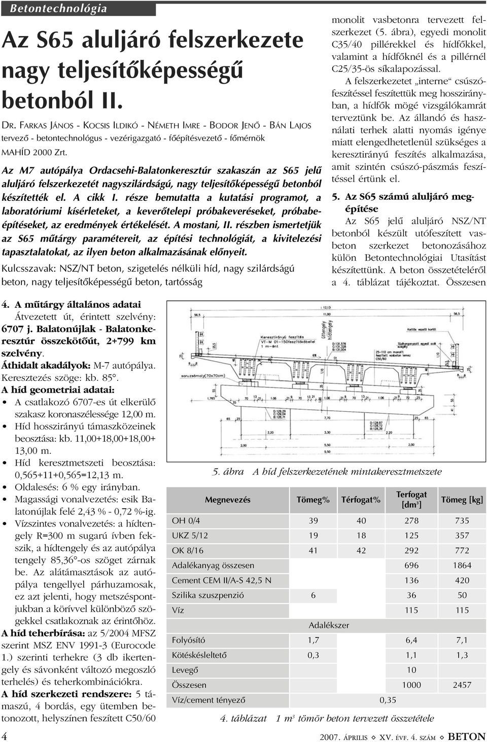 Az M7 autópálya Ordacsehi-Balatonkeresztúr szakaszán az S65 jelû aluljáró felszerkezetét nagyszilárdságú, nagy teljesítõképességû betonból készítették el. A cikk I.
