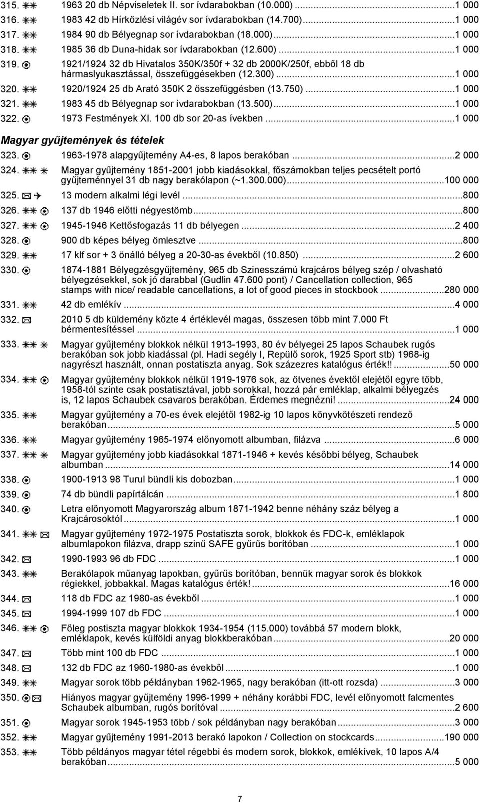 1920/1924 25 db Arató 350K 2 összefüggésben (13.750)...1 000 321. 1983 45 db Bélyegnap sor ívdarabokban (13.500)...1 000 322. 1973 Festmények XI. 100 db sor 20-as ívekben.