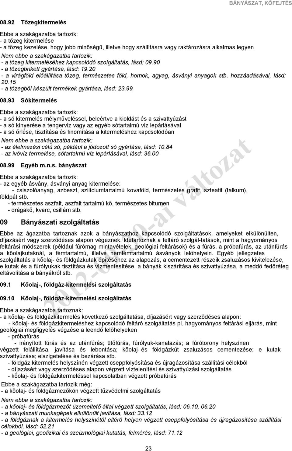 90 - a tőzegbrikett gyártása, lásd: 19.20 - a virágföld előállítása tőzeg, természetes föld, homok, agyag, ásványi anyagok stb. hozzáadásával, lásd: 20.