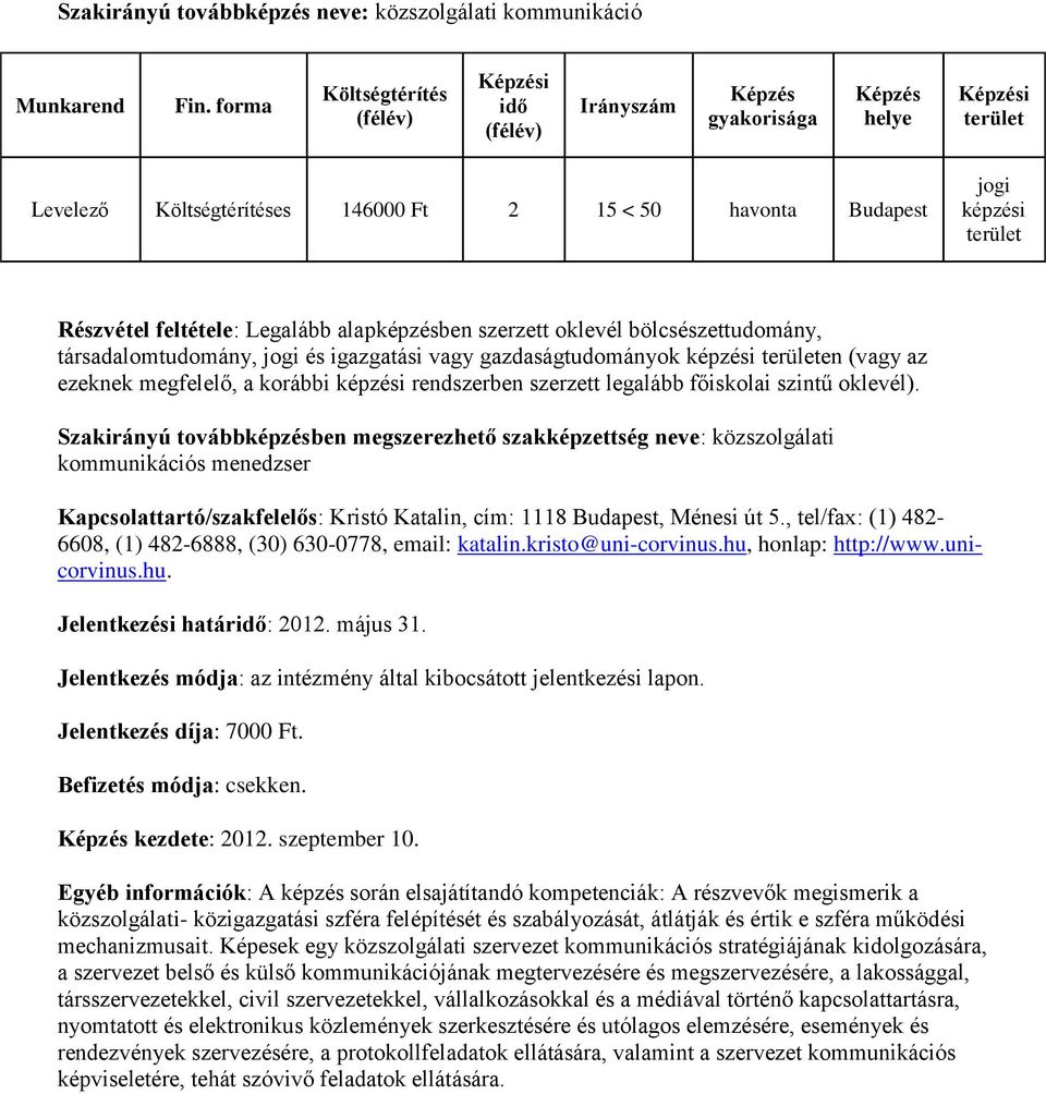 Szakirányú továbbképzésben megszerezhető szakképzettség neve: közszolgálati kommunikációs menedzser Kapcsolattartó/szakfelelős: Kristó Katalin, cím: 1118, Ménesi út 5.