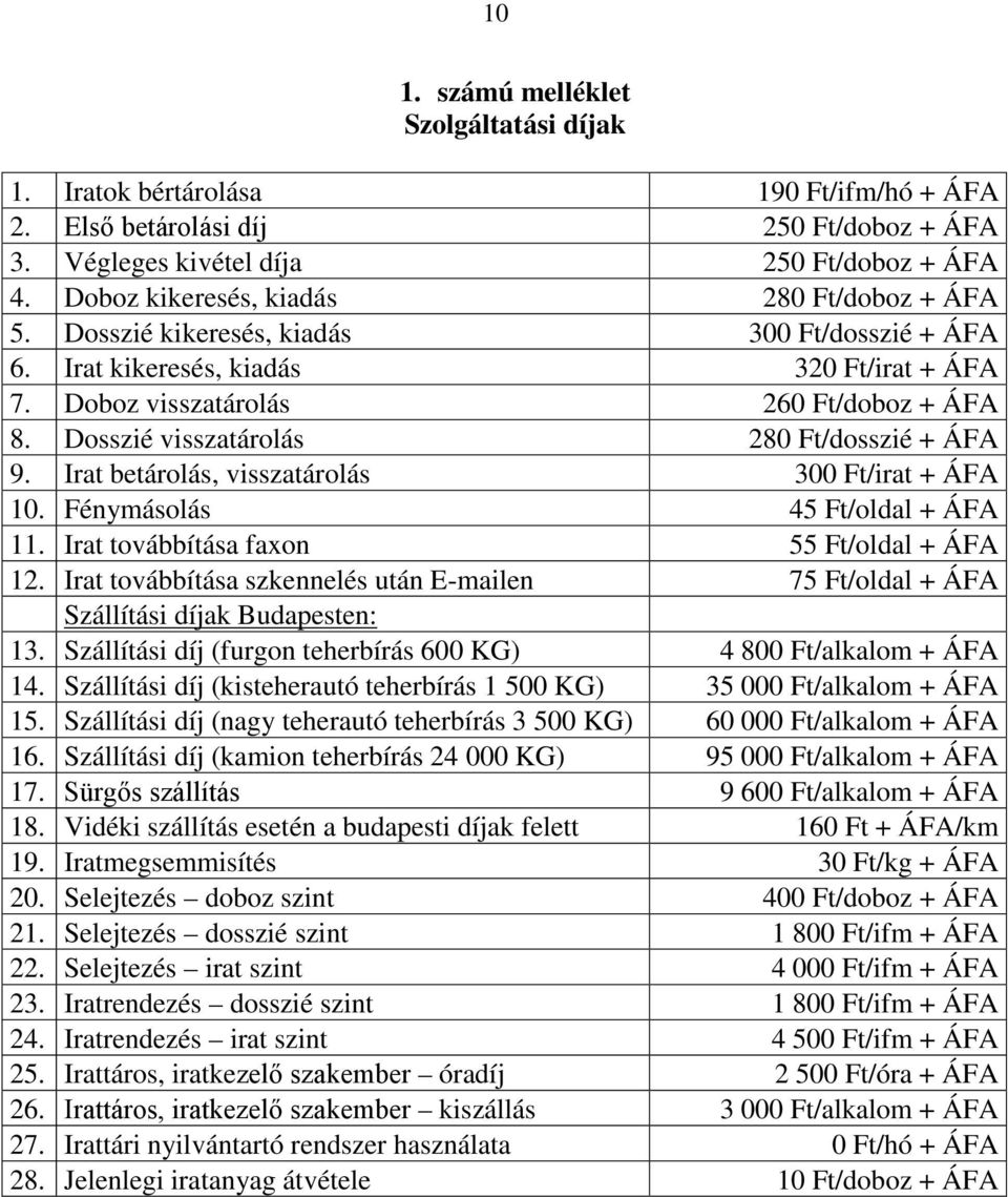 Dosszié visszatárolás 280 Ft/dosszié + ÁFA 9. Irat betárolás, visszatárolás 300 Ft/irat + ÁFA 10. Fénymásolás 45 Ft/oldal + ÁFA 11. Irat továbbítása faxon 55 Ft/oldal + ÁFA 12.