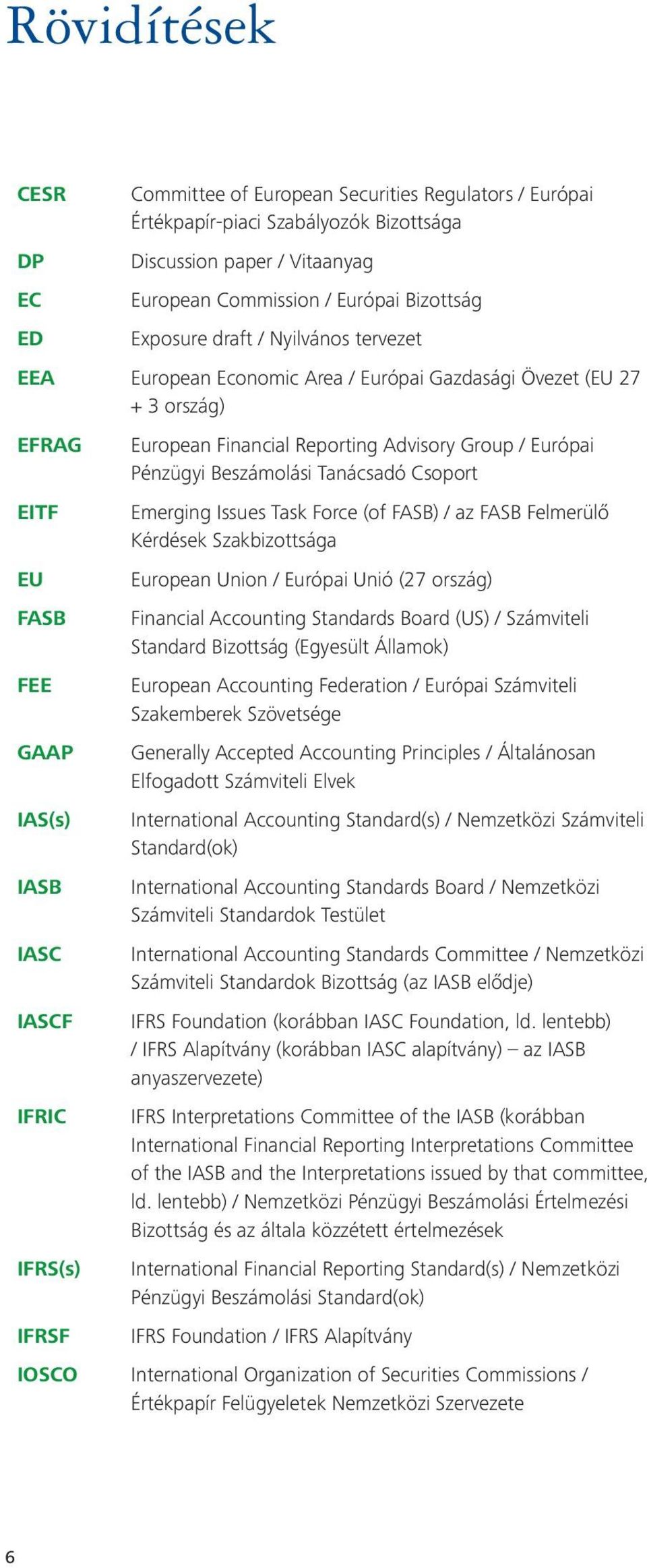 Advisory Group / Európai Pénzügyi Beszámolási Tanácsadó Csoport Emerging Issues Task Force (of FASB) / az FASB Felmerülő Kérdések Szakbizottsága European Union / Európai Unió (27 ország) Financial
