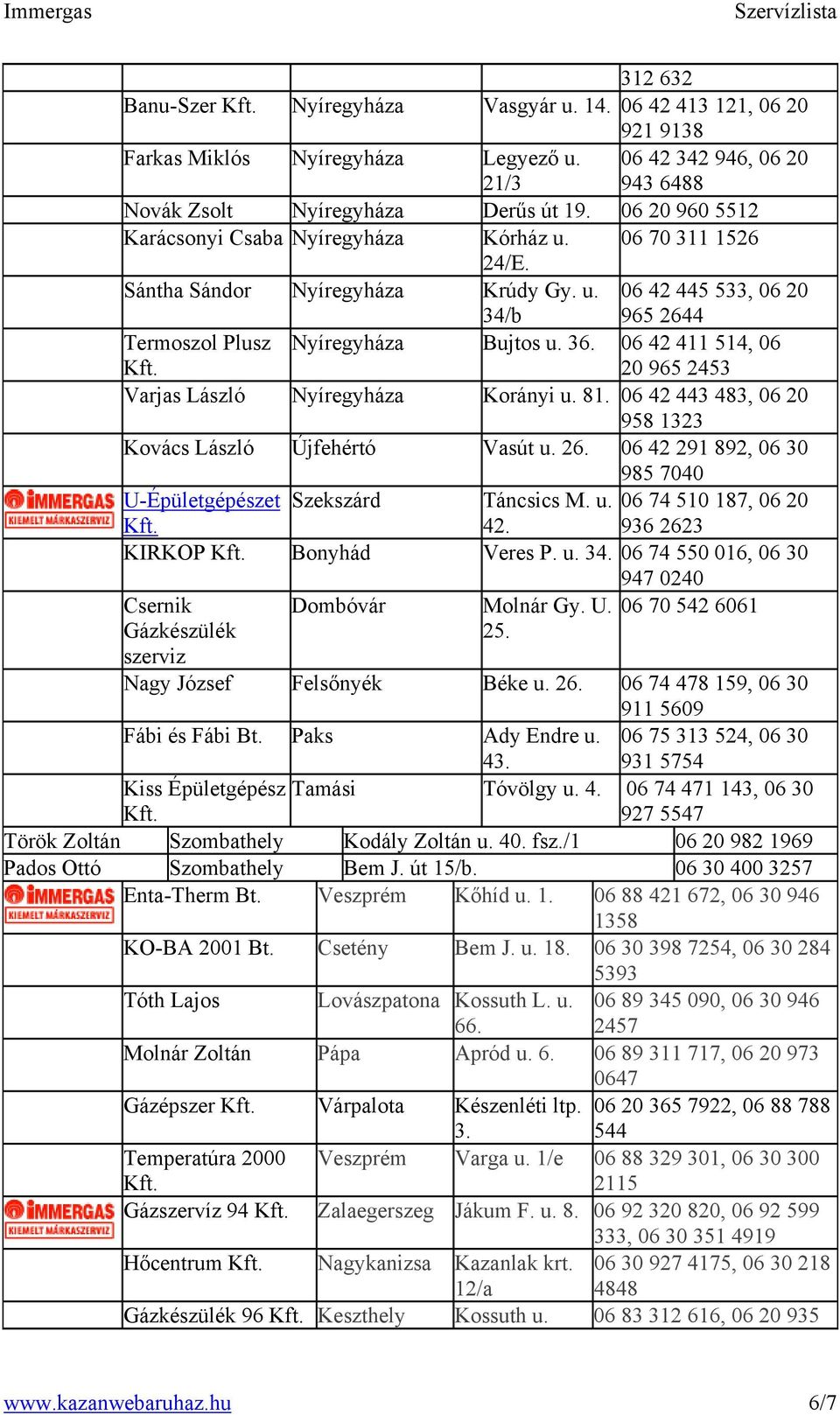 06 42 411 514, 06 20 965 2453 Termoszol Plusz Varjas László Nyíregyháza Korányi u. 81. 06 42 443 483, 06 20 958 1323 Kovács László Újfehértó Vasút u. 26.