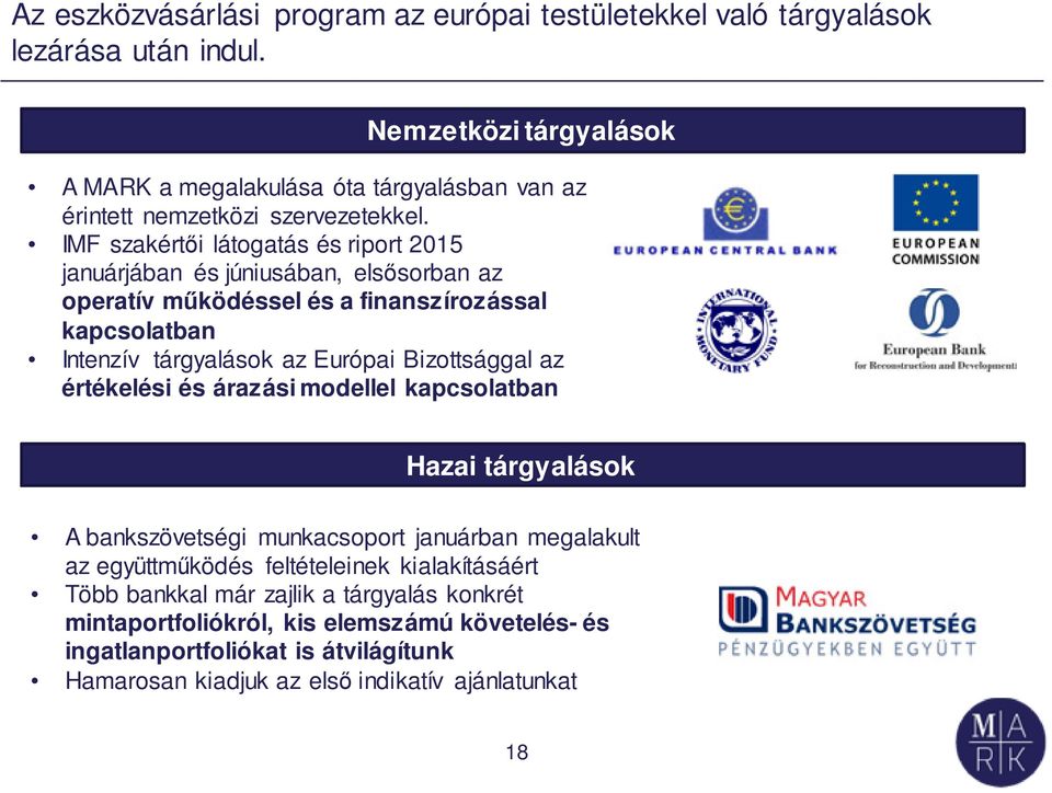 IMF szakértői látogatás és riport 215 januárjában és júniusában, elsősorban az operatív működéssel és a finanszírozással kapcsolatban Intenzív tárgyalások az Európai Bizottsággal