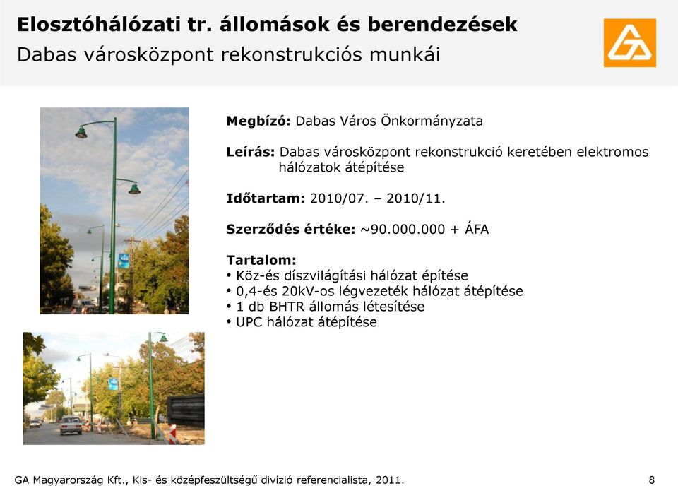 városközpont rekonstrukció keretében elektromos hálózatok átépítése Időtartam: 2010/07. 2010/11. Szerződés értéke: ~90.