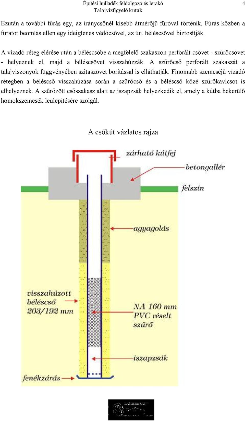 A szűrőcső perforált szakaszát a talajviszonyok függvényében szitaszövet borítással is elláthatják.