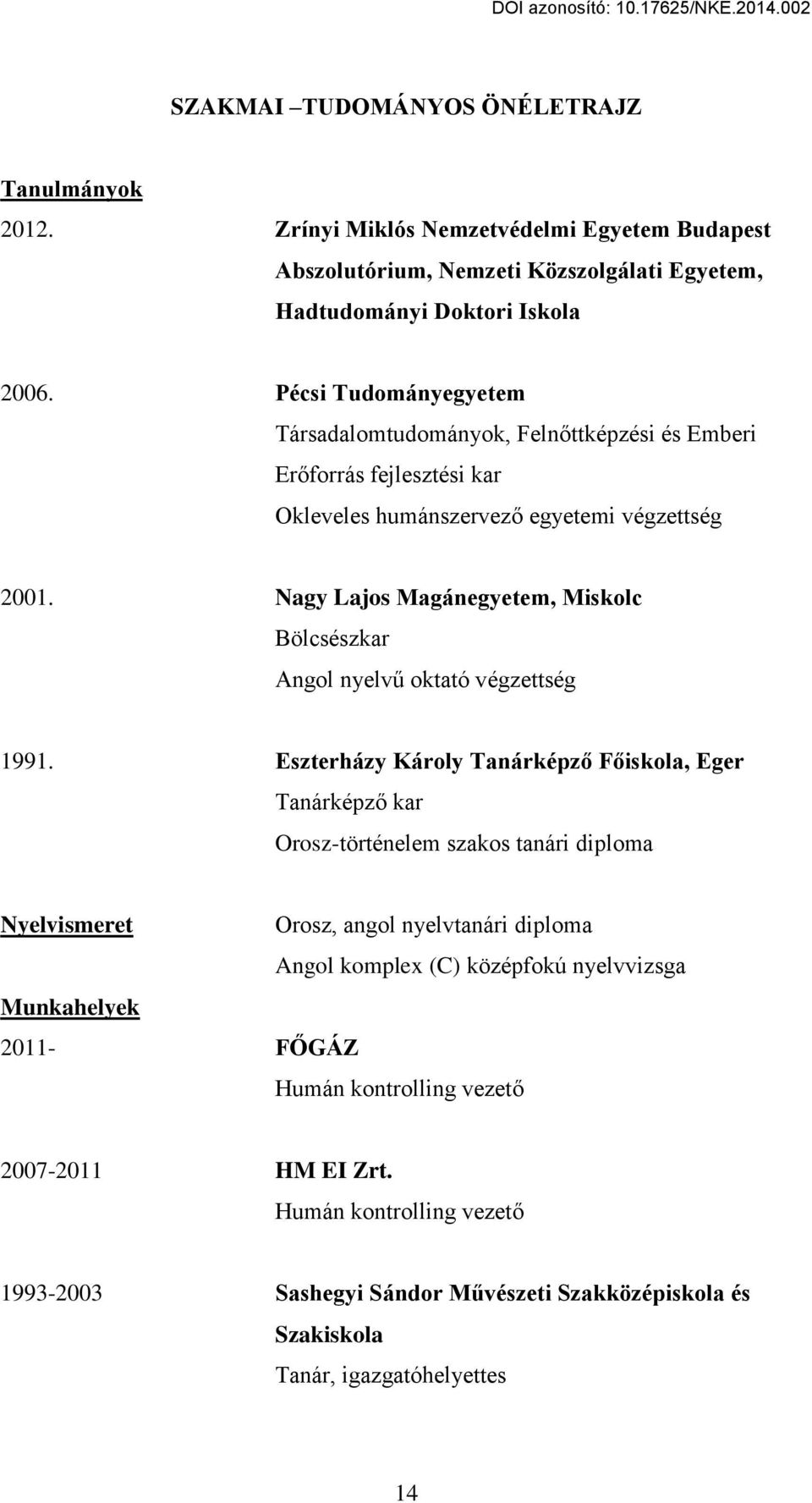 Nagy Lajos Magánegyetem, Miskolc Űölcsészkar Angol nyelv oktató végzettség 1991.