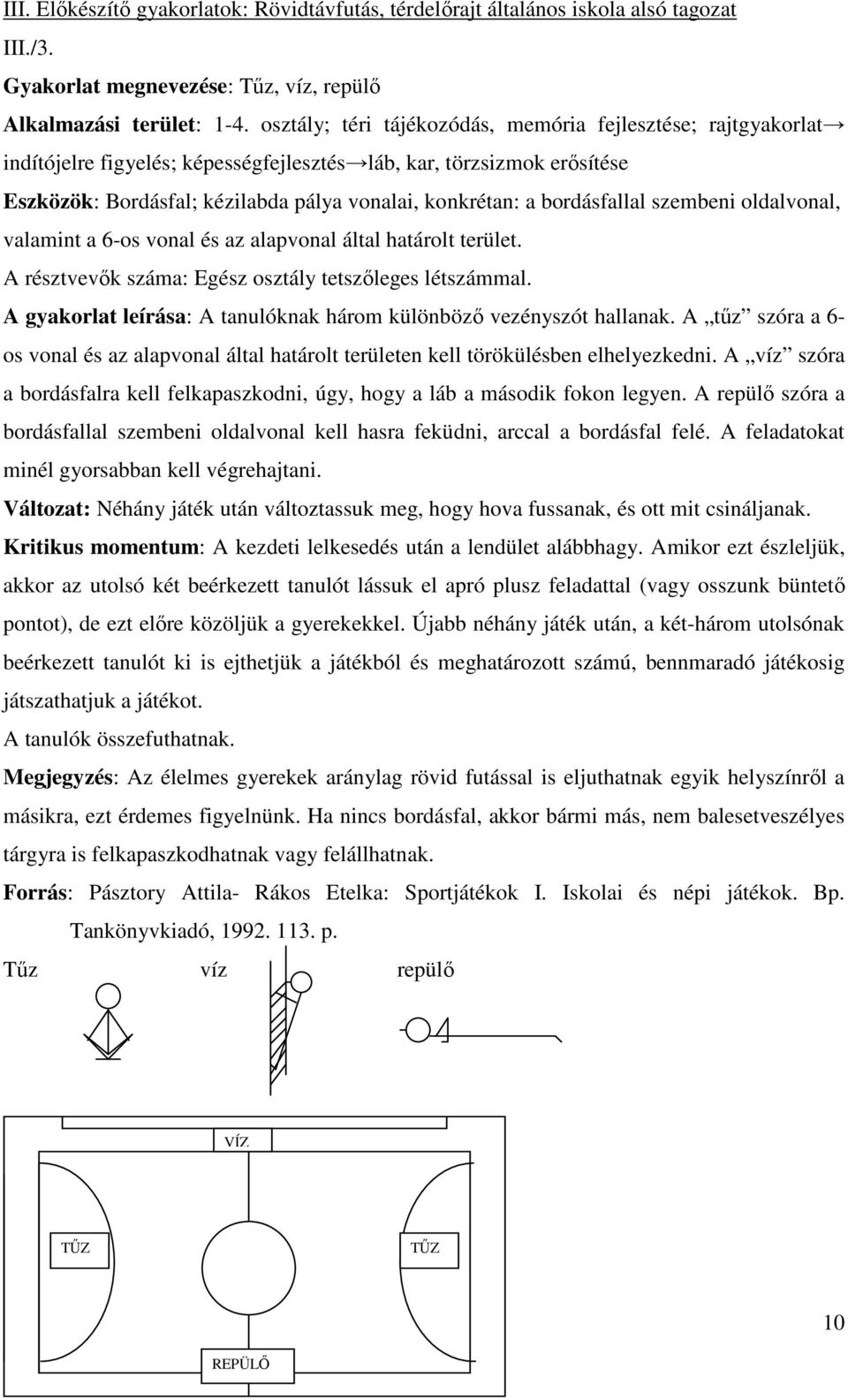 bordásfallal szembeni oldalvonal, valamint a 6-os vonal és az alapvonal által határolt terület. A résztvevők száma: Egész osztály tetszőleges létszámmal.