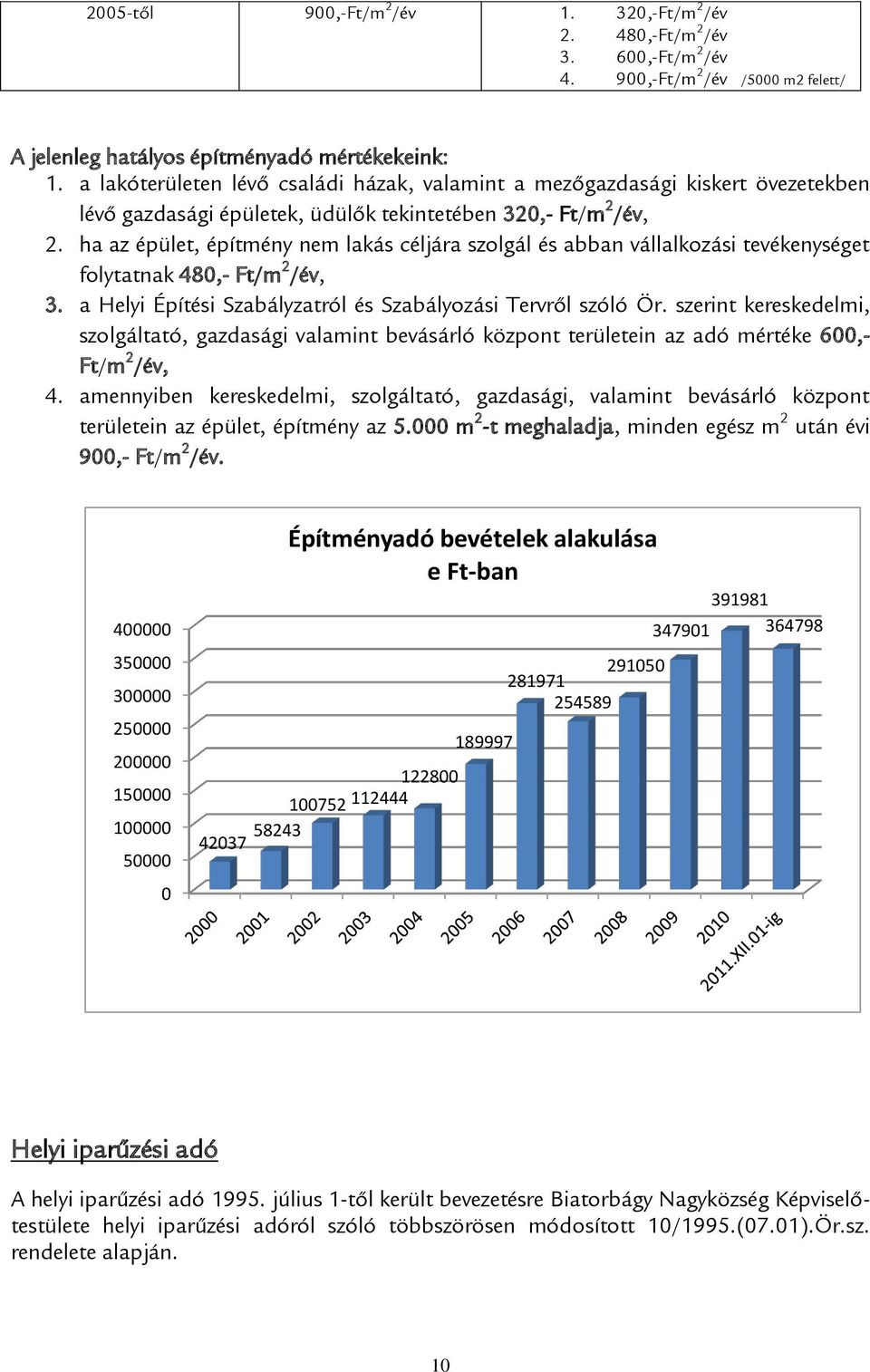 ha az épület, építmény nem lakás céljára szolgál és abban vállalkozási tevékenységet folytatnak 480,- Ft/m 2 /év, 3. a Helyi Építési Szabályzatról és Szabályozási Tervről szóló Ör.