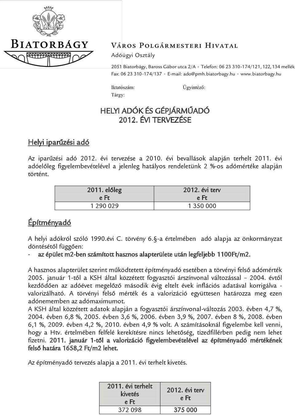 évi C. törvény 6. -a értelmében adó alapja az önkormányzat döntésétől függően: - az épület m2-ben számított hasznos alapterülete után legfeljebb 1100Ft/m2.