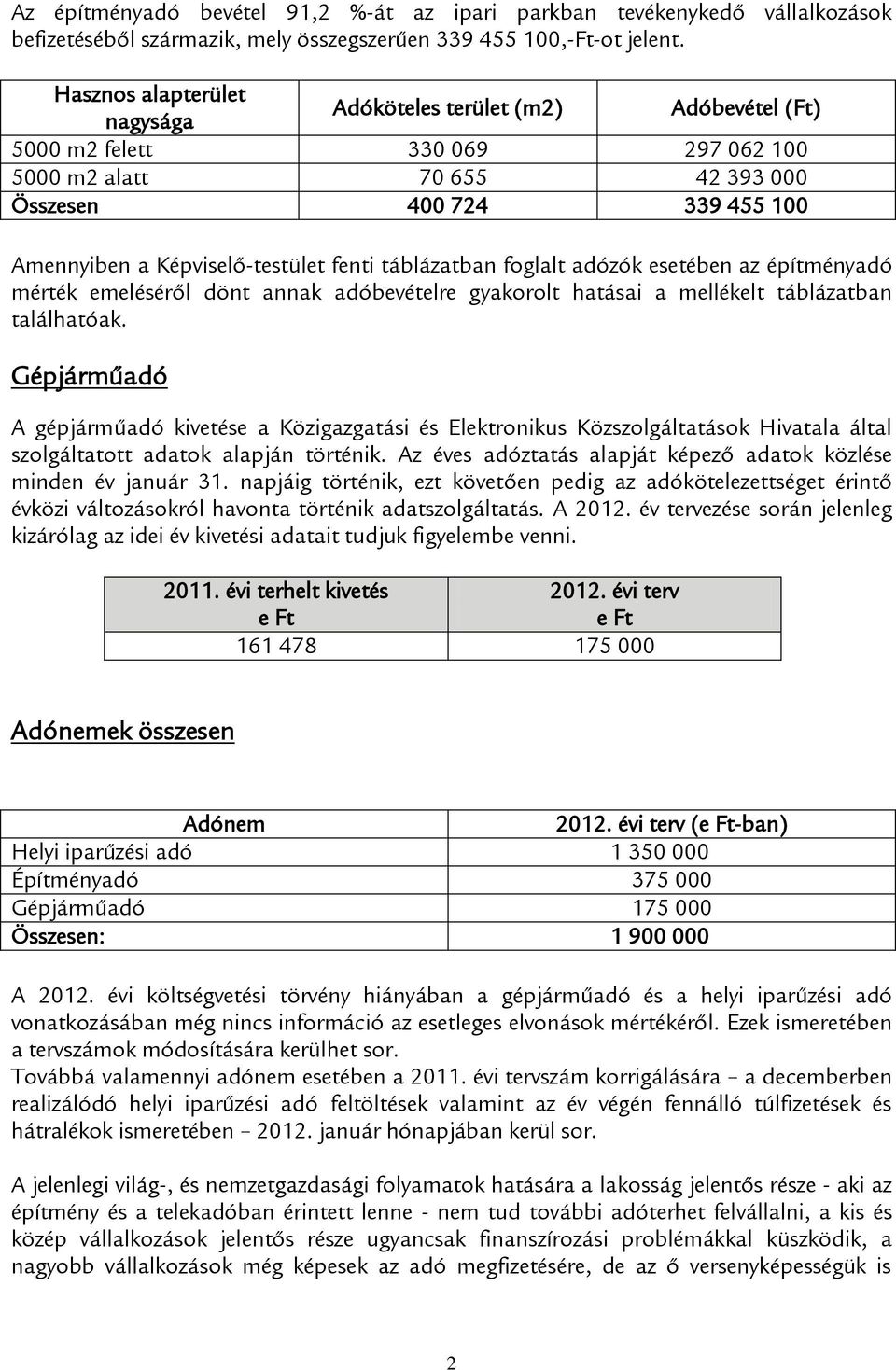 fenti táblázatban foglalt adózók esetében az építményadó mérték emeléséről dönt annak adóbevételre gyakorolt hatásai a mellékelt táblázatban találhatóak.