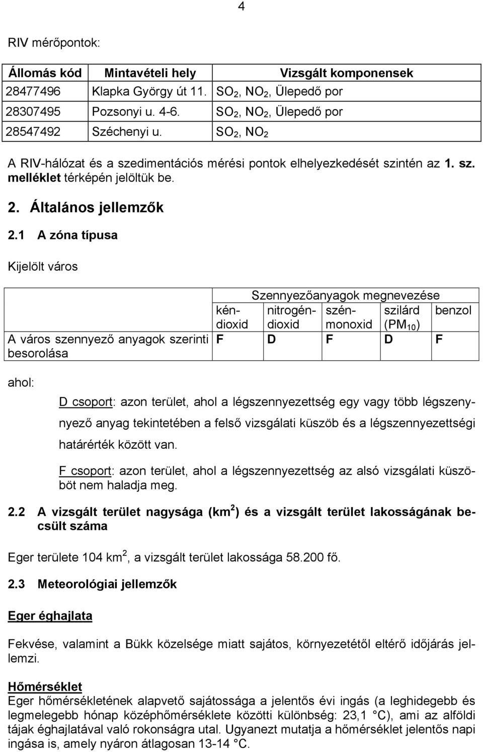 1 A zóna típusa Kijelölt város A város szennyező anyagok szerinti besorolása Szennyezőanyagok megnevezése kéndioxid nitrogéndioxid szénmonoxid szilárd (PM 10 ) benzol F D F D F ahol: D csoport: azon