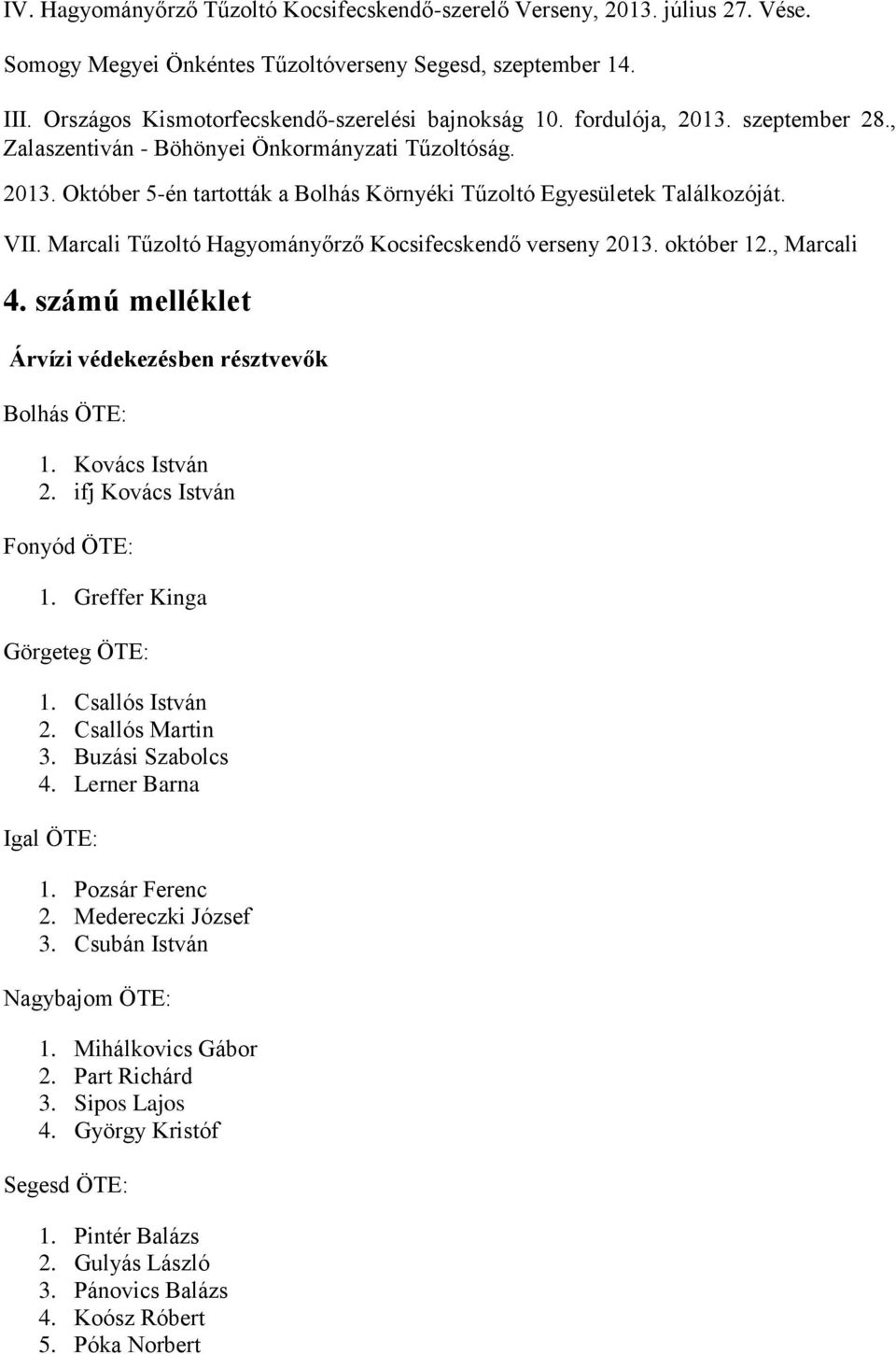 Marcali Tűzoltó Hagyományőrző Kocsifecskendő verseny 2013. október 12., Marcali 4. számú melléklet Árvízi védekezésben résztvevők Bolhás ÖTE: 1. Kovács István 2. ifj Kovács István Fonyód ÖTE: 1.