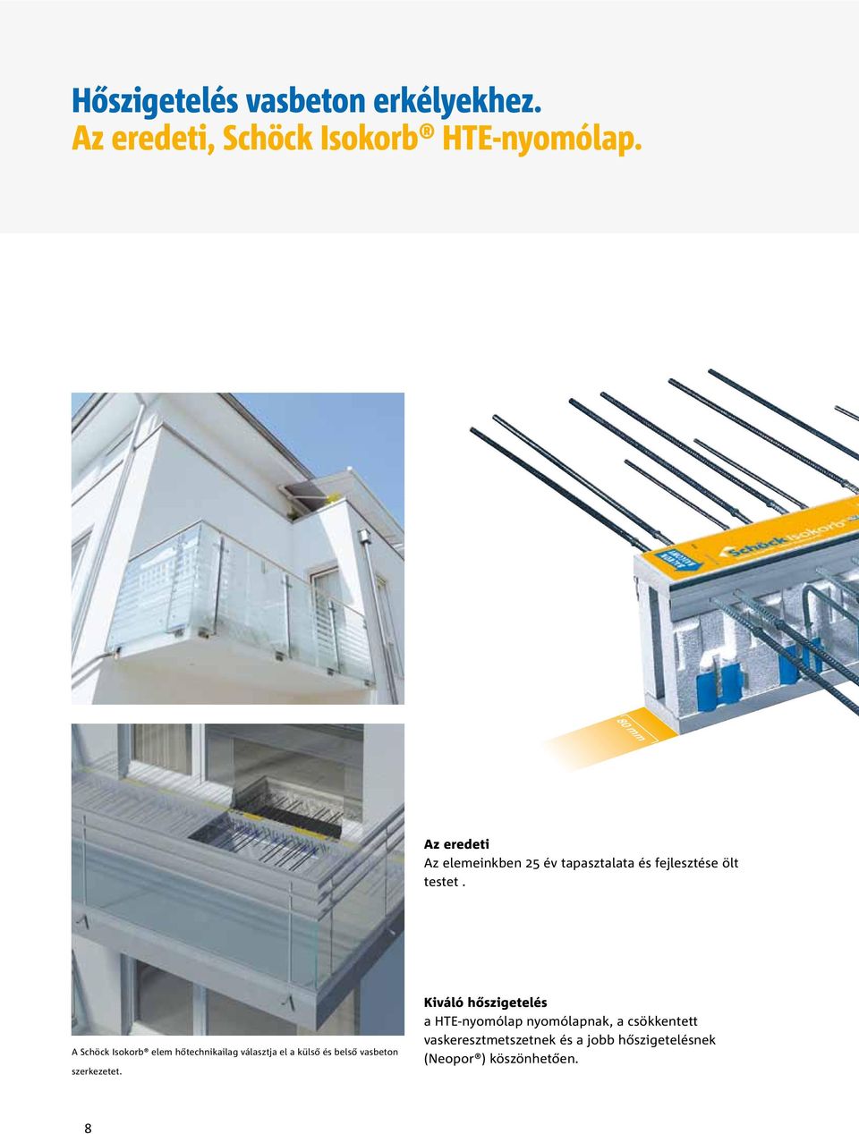 A Schöck Isokorb elem hőtechnikailag választja el a külső és belső vasbeton szerkezetet.