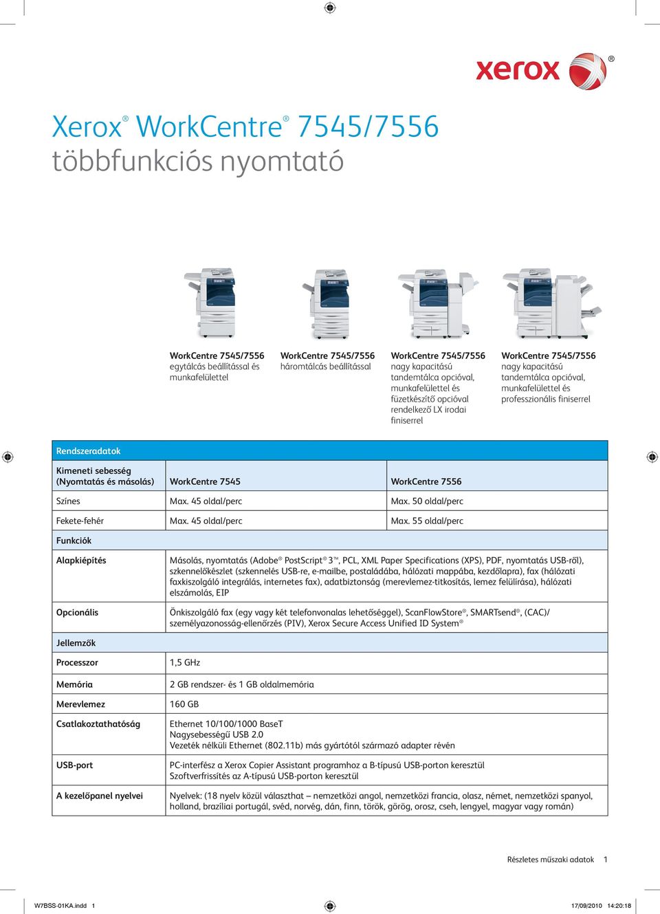 Rendszeradatok Kimeneti sebesség (Nyomtatás és másolás) WorkCentre 7545 WorkCentre 7556 Színes Max. 45 oldal/perc Max.