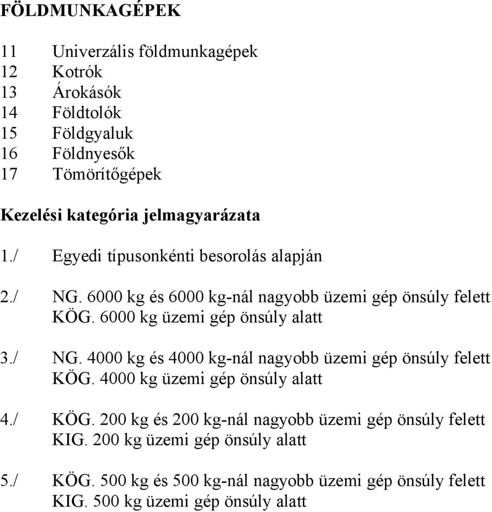 6000 kg üzemi gép önsúly alatt 3./ NG. 4000 kg és 4000 kg-nál nagyobb üzemi gép önsúly felett KÖG. 4000 kg üzemi gép önsúly alatt 4./ KÖG.