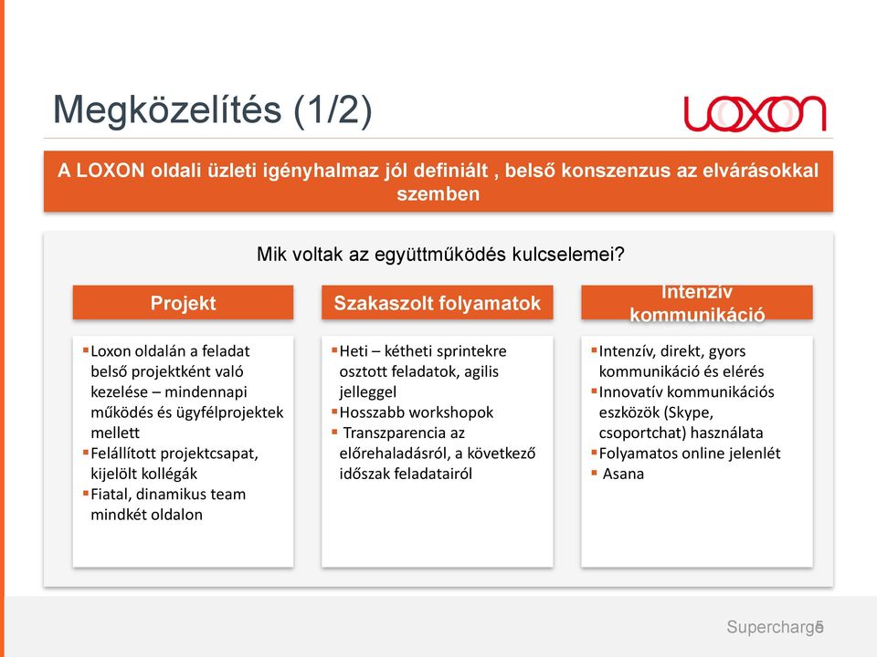 team mindkét oldalon Szakaszolt folyamatok Heti kétheti sprintekre osztott feladatok, agilis jelleggel Hosszabb workshopok Transzparencia az előrehaladásról, a következő