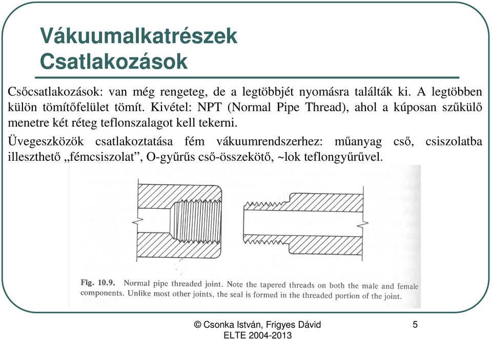 Kivétel: NPT (Normal Pipe Thread), ahol a kúposan szűkülő menetre két réteg teflonszalagot kell