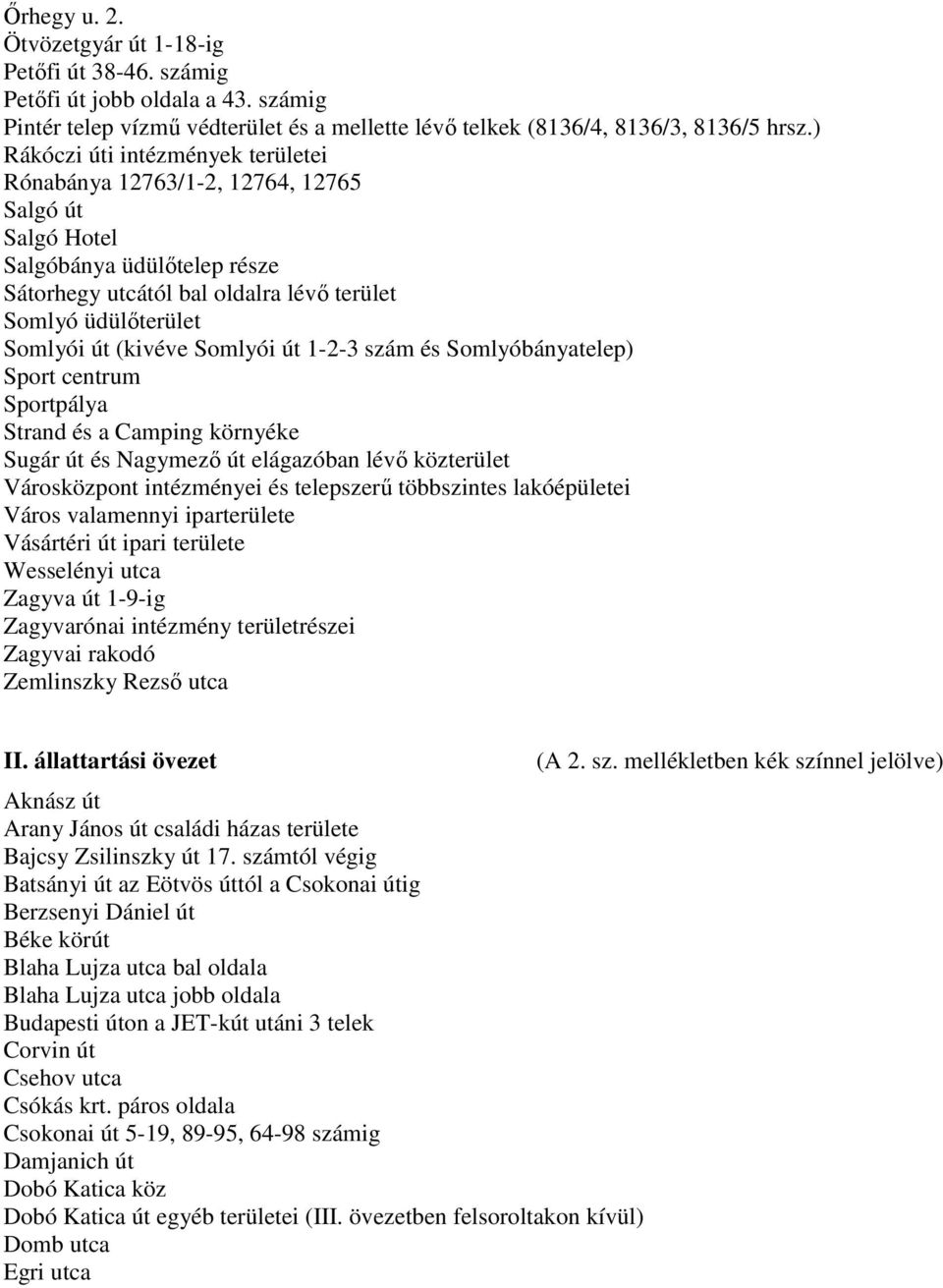 (kivéve Somlyói út 1-2-3 szám és Somlyóbányatelep) Sport centrum Sportpálya Strand és a Camping környéke Sugár út és Nagymezı út elágazóban lévı közterület Városközpont intézményei és telepszerő