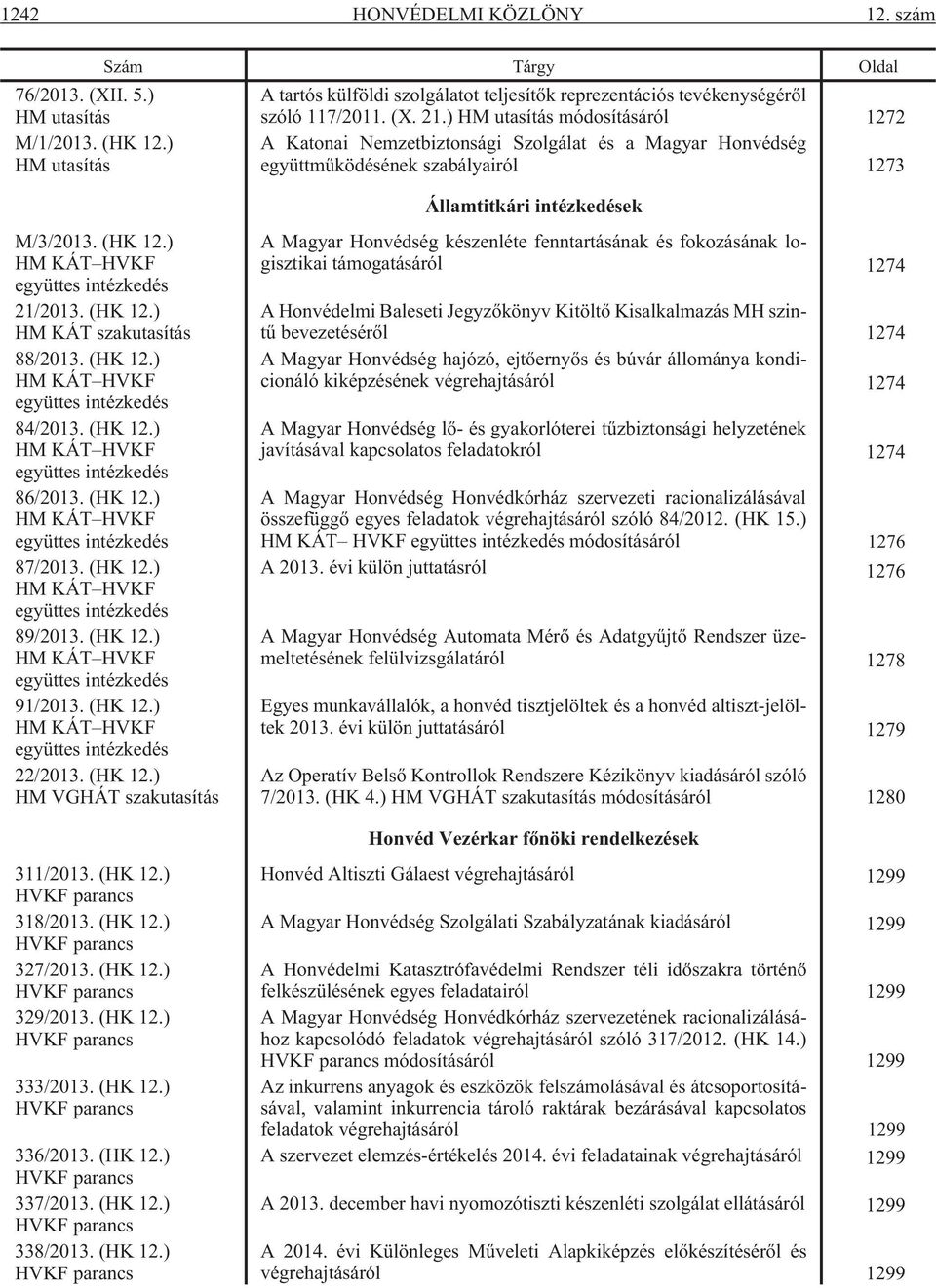 (HK 12.) HM KÁT szakutasítás 88/2013. (HK 12.) HM KÁT HVKF együttes intézkedés 84/2013. (HK 12.) HM KÁT HVKF együttes intézkedés 86/2013. (HK 12.) HM KÁT HVKF együttes intézkedés 87/2013. (HK 12.) HM KÁT HVKF együttes intézkedés 89/2013.