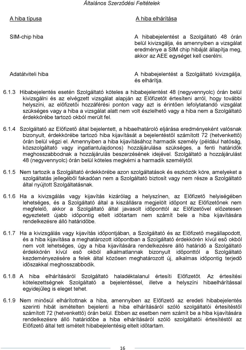 3 Hibabejelentés esetén Szolgáltató köteles a hibabejelentést 48 (negyvennyolc) órán belül kivizsgálni és az elvégzett vizsgálat alapján az Előfizetőt értesíteni arról, hogy további helyszíni, az