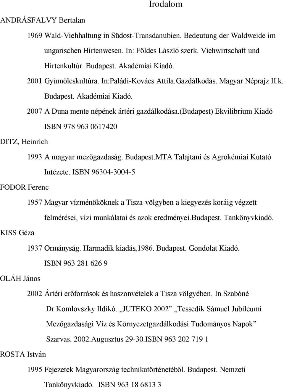 (budapest) Ekvilibrium Kiadó ISBN 978 963 0617420 DITZ, Heinrich 1993 A magyar mezőgazdaság. Budapest.MTA Talajtani és Agrokémiai Kutató Intézete.