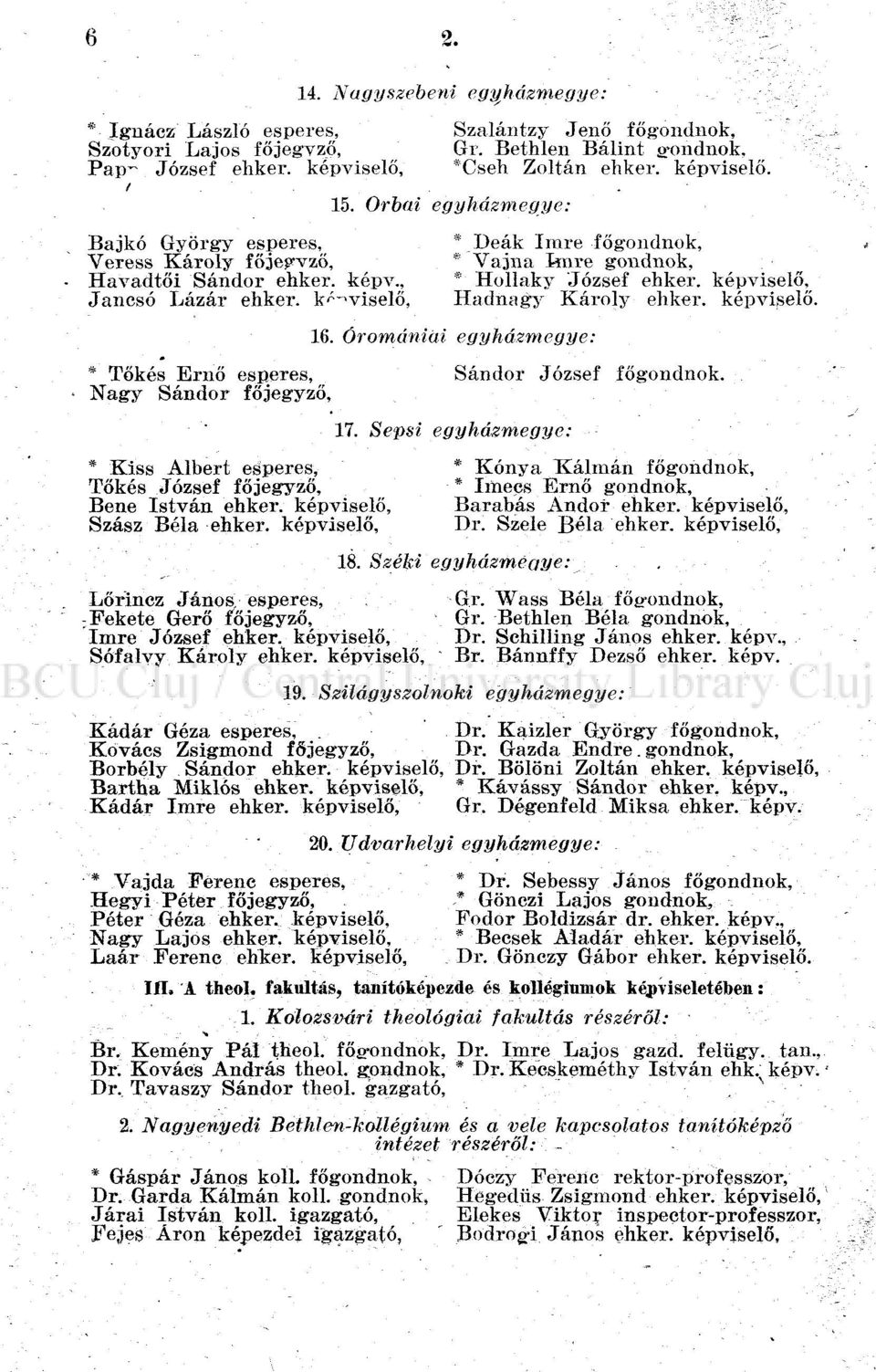 képviselő, Hadnagy Károly ehker. képviselő. 16. Óromániüi egyházmegye: * Tőkés Ernő esperes, Sándor József főgondnok. Nagy Sándor főjegyző, 17.