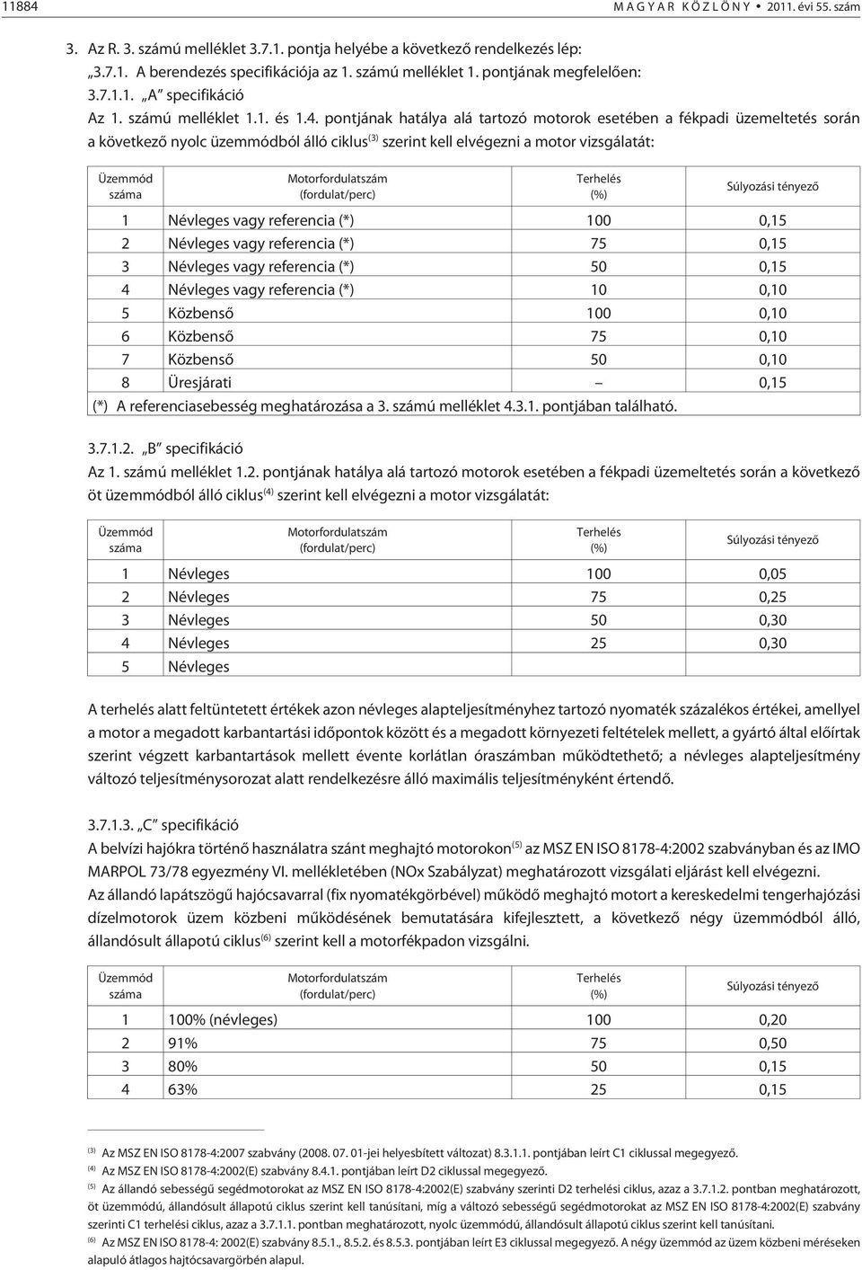 pontjának hatálya alá tartozó motorok esetében a fékpadi üzemeltetés során a következõ nyolc üzemmódból álló ciklus (3) szerint kell elvégezni a motor vizsgálatát: Üzemmód száma Motorfordulatszám