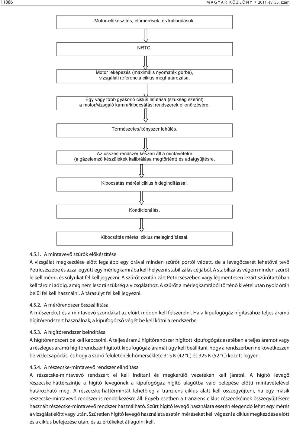 Az összes rendszer készen áll a mintavételre (a gázelemz készülékek kalibrálása megtörtént) és adatgy jtésre. Kibocsátás mérési ciklus hidegindítással. Kondicionálás.