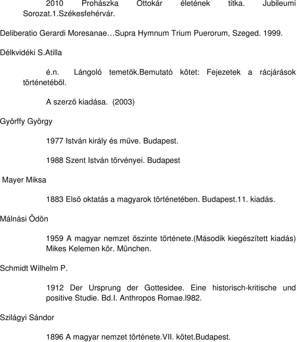 Budapest. 1988 Szent István törvényei. Budapest 1883 Első oktatás a magyarok történetében. Budapest.11. kiadás. 1959 A magyar nemzet őszinte története.