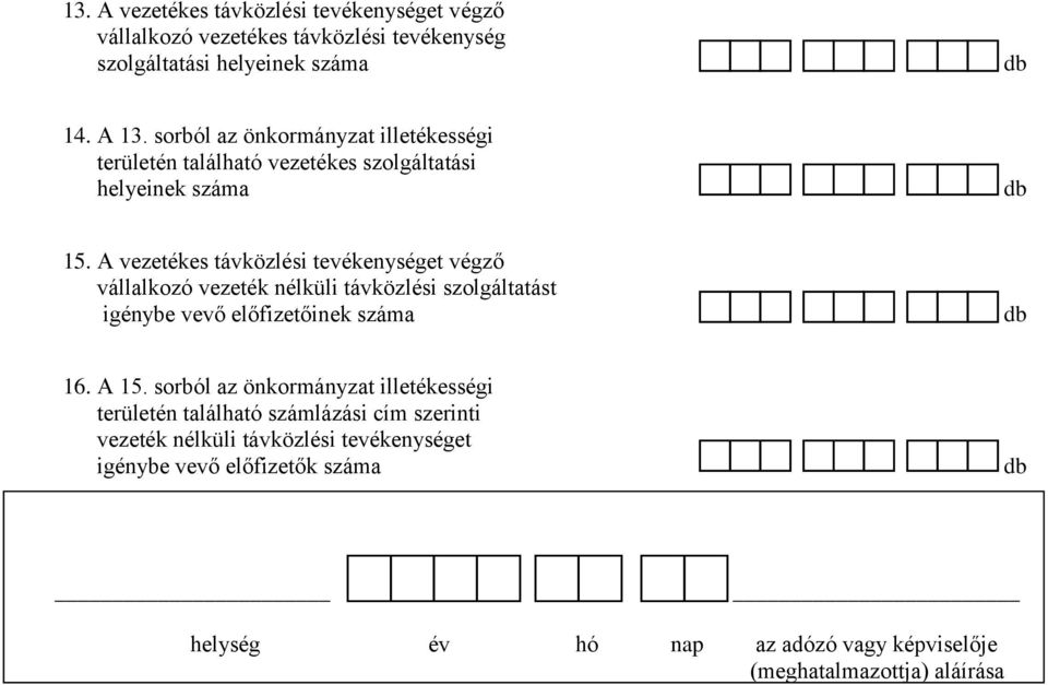 A vezetékes távközlési tevékenységet végző vállalkozó vezeték nélküli távközlési szolgáltatást igénybe vevő előfizetőinek száma db 16. A 15.