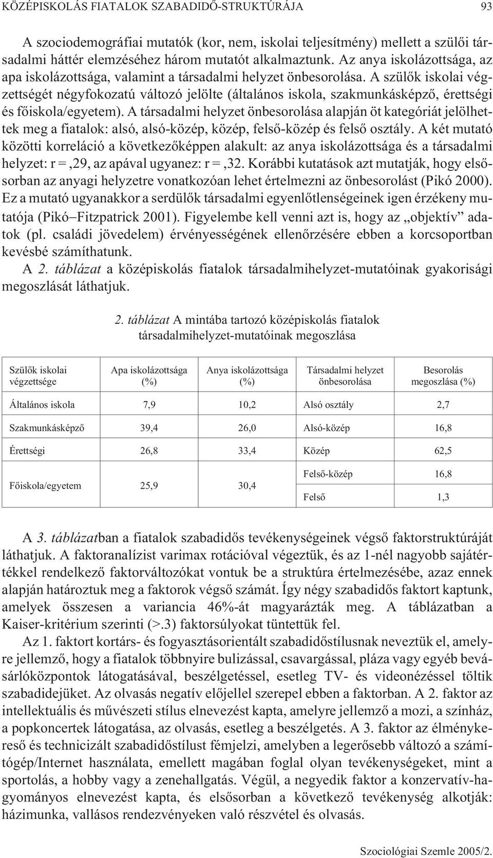 A szülõk iskolai végzettségét négyfokozatú változó jelölte (általános iskola, szakmunkásképzõ, érettségi és fõiskola/egyetem).