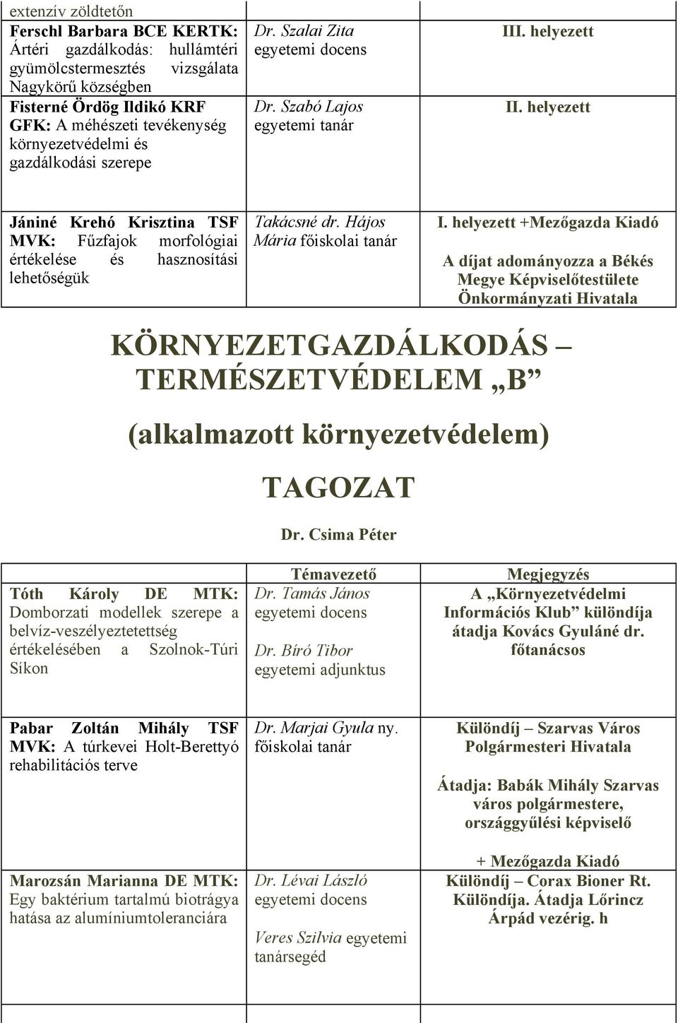 Hájos Mária főiskolai tanár +Mezőgazda Kiadó A díjat adományozza a Békés Megye Képviselőtestülete Önkormányzati Hivatala KÖRNYEZETGAZDÁLKODÁS TERMÉSZETVÉDELEM B (alkalmazott környezetvédelem) TAGOZAT