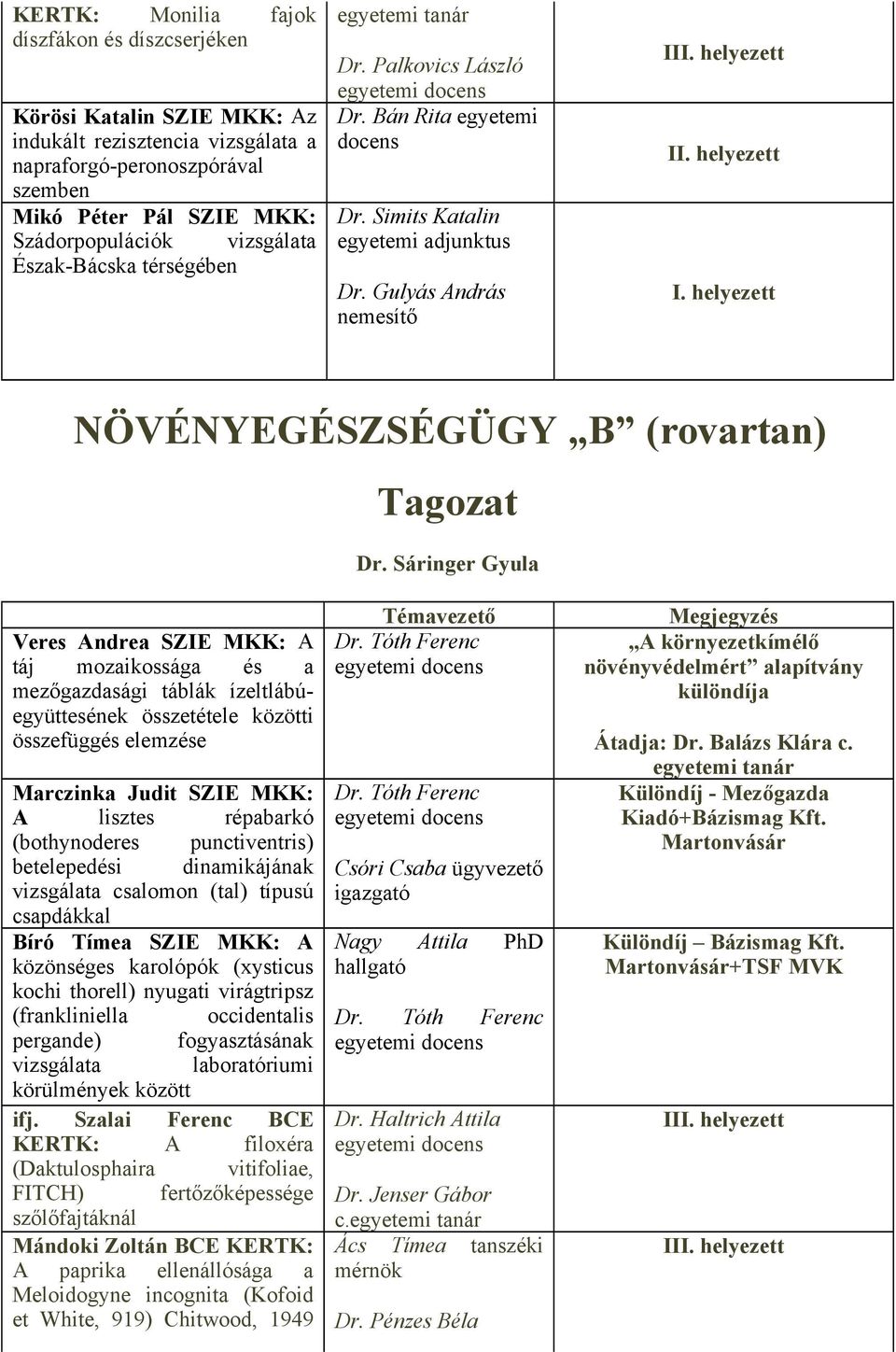 Sáringer Gyula Veres Andrea SZIE MKK: A táj mozaikossága és a mezőgazdasági táblák ízeltlábúegyüttesének összetétele közötti összefüggés elemzése Marczinka Judit SZIE MKK: A lisztes répabarkó