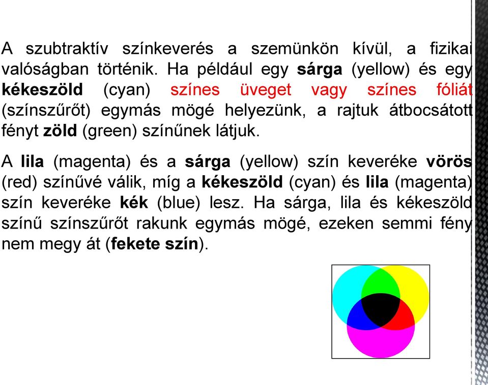 rajtuk átbocsátott fényt zöld (green) színűnek látjuk.