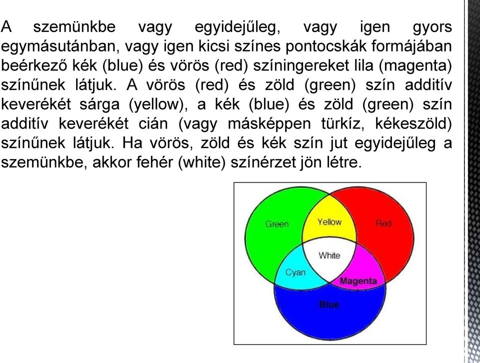 A vörös (red) és zöld (green) szín additív keverékét sárga (yellow), a kék (blue) és zöld (green) szín additív