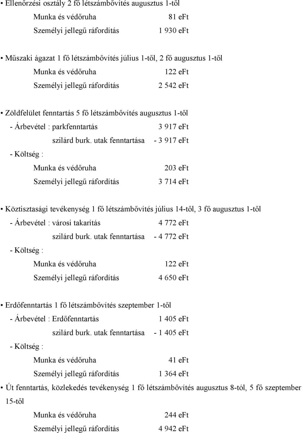 utak fenntartása 3 917 eft - 3 917 eft - Költség : Munka és védőruha Személyi jellegű ráfordítás 23 eft 3 714 eft Köztisztasági tevékenység 1 fő létszámbővítés július 14-től, 3 fő augusztus 1-től -