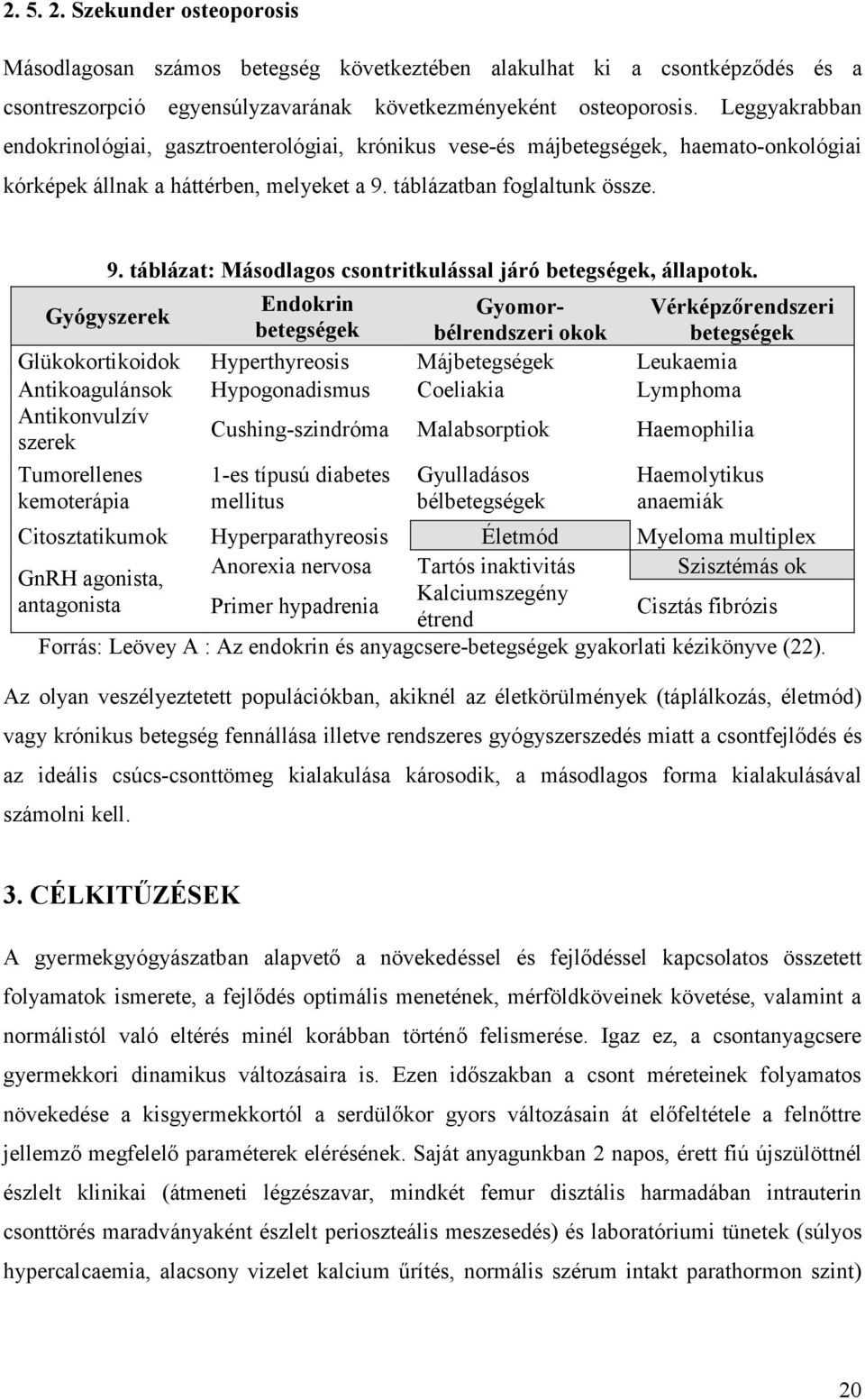 táblázatban foglaltunk össze. 9. táblázat: Másodlagos csontritkulással járó betegségek, állapotok.