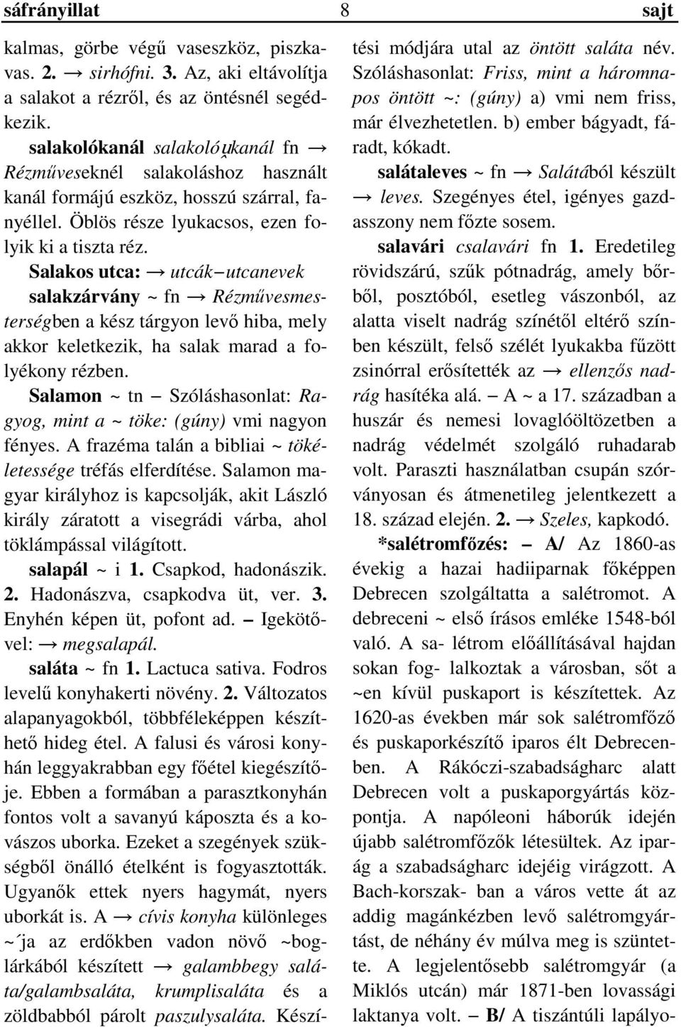 Salakos utca: utcák utcanevek salakzárvány ~ fn Rézművesmesterségben a kész tárgyon levő hiba, mely akkor keletkezik, ha salak marad a folyékony rézben.