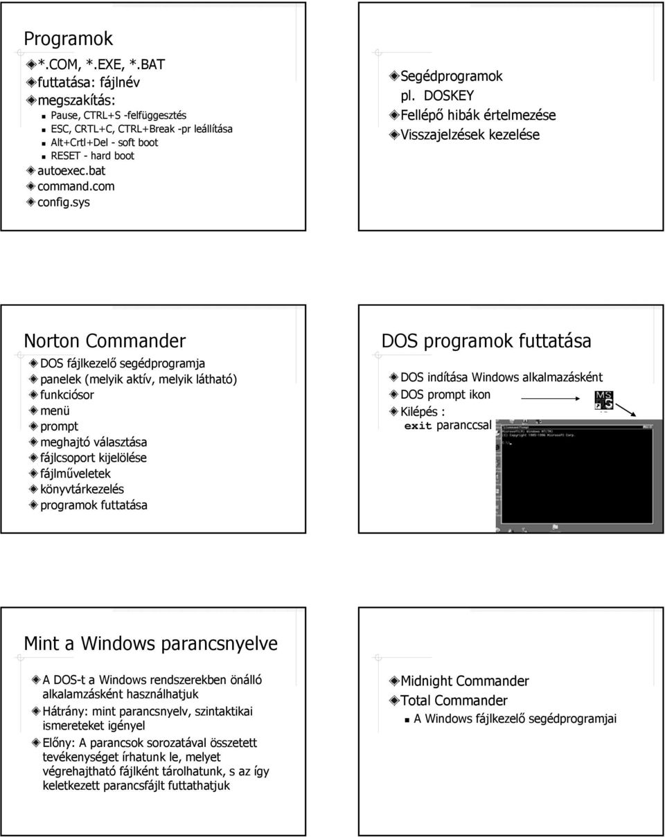 DOSKEY Fellépő hibák értelmezése Visszajelzések kezelése Norton Commander DOS fájlkezelő segédprogramja panelek (melyik aktív, melyik látható) funkciósor menü prompt meghajtó választása fájlcsoport