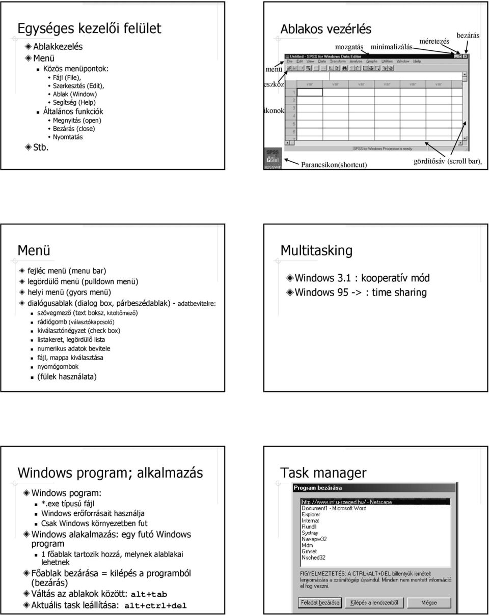 (gyors menü) dialógusablak (dialog box, párbeszédablak) - adatbevitelre: szövegmező (text boksz, kitöltőmező) rádiógomb (választókapcsoló) kiválasztónégyzet (check box) listakeret, legördülő lista