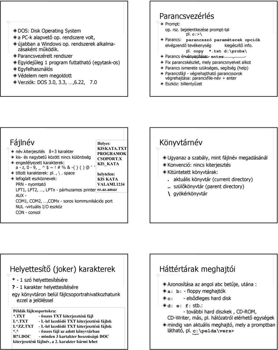 bejelentkezése prompt-tal pl. c:>\ Parancs: parancsszó paraméterek opciók elvégzendő tevékenység kiegészítő info. pl. copy *.