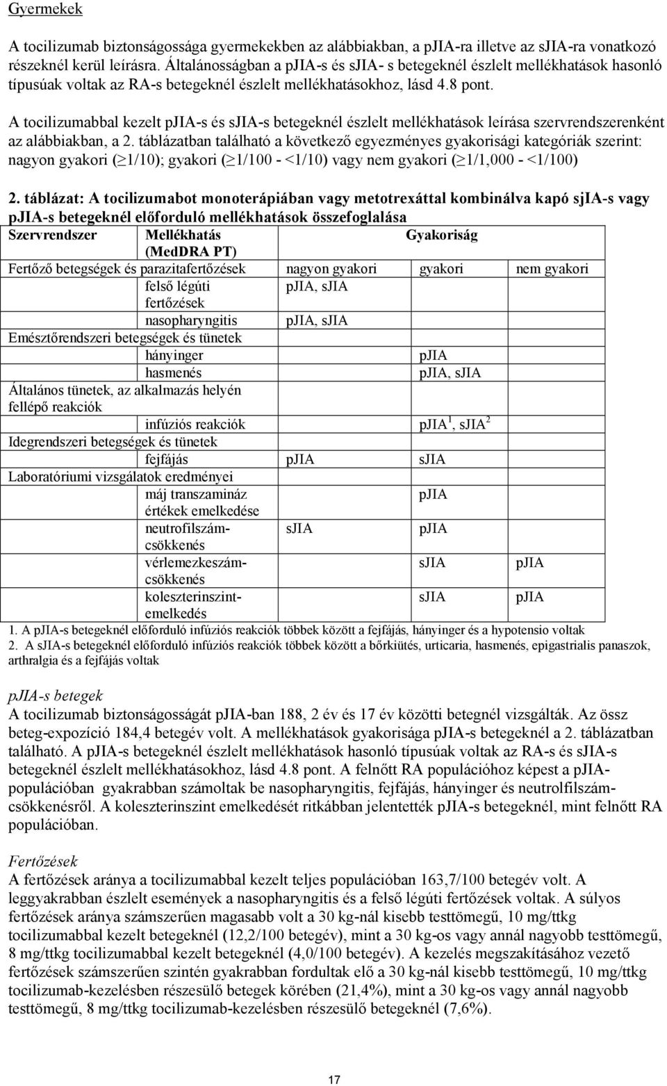 A tocilizumabbal kezelt pjia-s és sjia-s betegeknél észlelt mellékhatások leírása szervrendszerenként az alábbiakban, a 2.