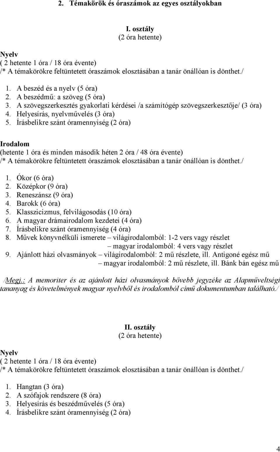 Írásbelikre szánt óramennyiség (2 óra) Irodalom (hetente 1 óra és minden második héten 2 óra / 48 óra évente) 1. Ókor (6 óra) 2. Középkor (9 óra) 3. Reneszánsz (9 óra) 4. Barokk (6 óra) 5.