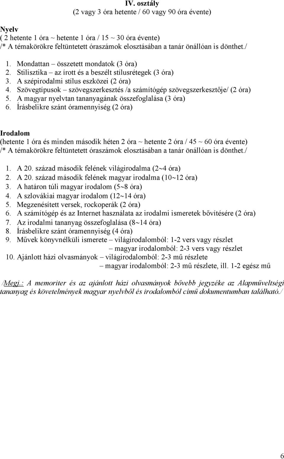 A magyar nyelvtan tananyagának összefoglalása (3 óra) 6. Írásbelikre szánt óramennyiség (2 óra) Irodalom (hetente 1 óra és minden második héten 2 óra ~ hetente 2 óra / 45 ~ 60 óra évente) 1. A 20.