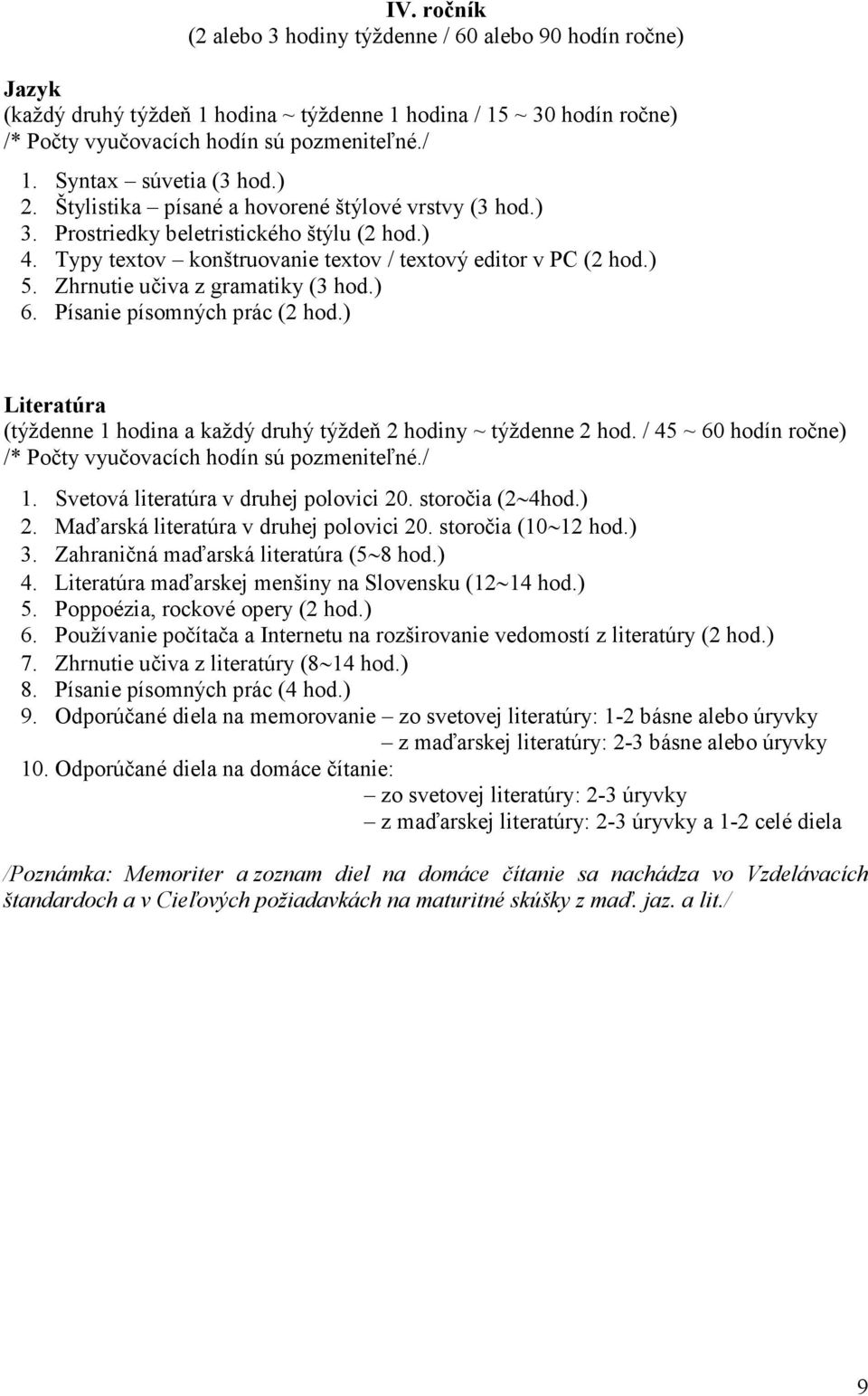 Zhrnutie učiva z gramatiky (3 hod.) 6. Písanie písomných prác (2 hod.) Literatúra (týždenne 1 hodina a každý druhý týždeň 2 hodiny ~ týždenne 2 hod.