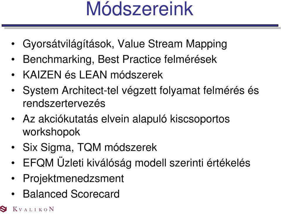 rendszertervezés Az akciókutatás elvein alapuló kiscsoportos workshopok Six Sigma, TQM